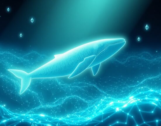 Ethereum whale accumulation visualized as a majestic creature in a digital blockchain data ocean.