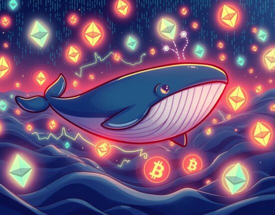 Cartoon illustration of a large Ethereum whale making significant ETH purchases, symbolizing market influence and substantial crypto movements.
