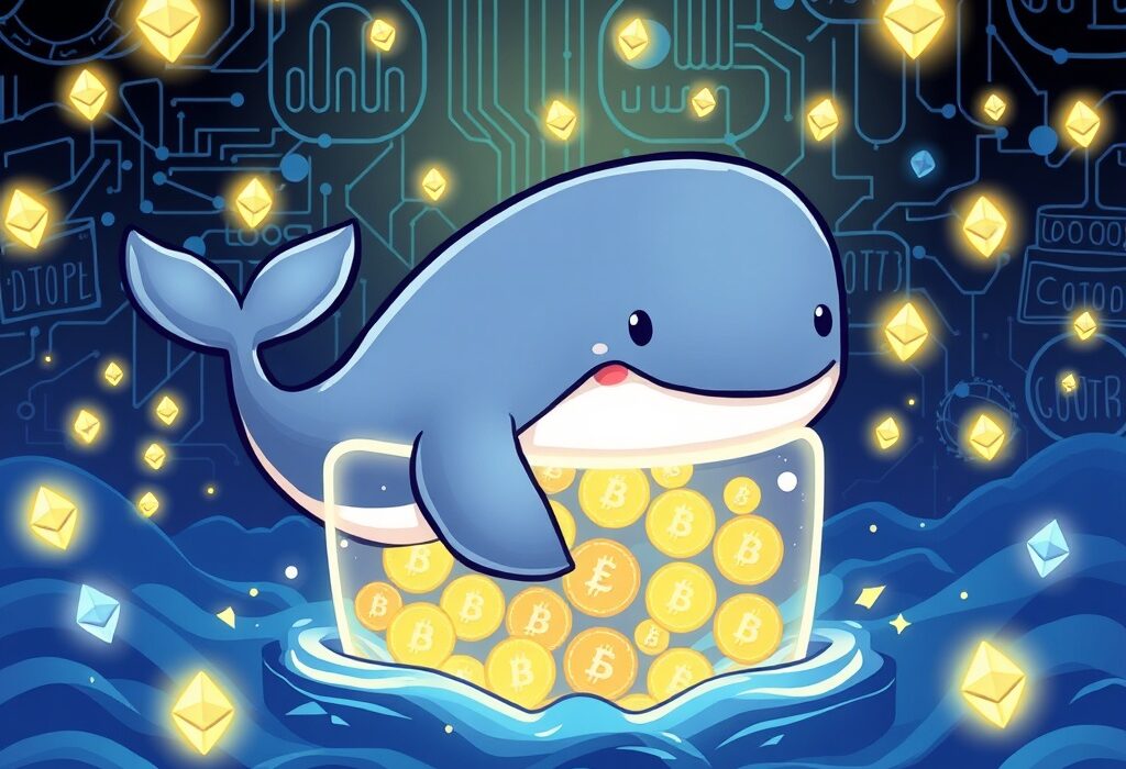 A cartoon Ethereum whale gathers glowing ETH tokens, symbolizing massive accumulation and market confidence.