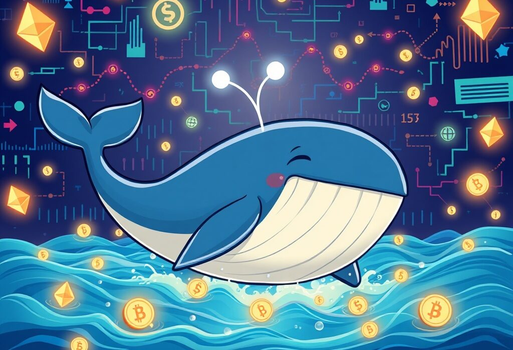 Cartoon illustration of an Ethereum whale making colossal ETH transfers, symbolizing significant crypto market activity and accumulation.