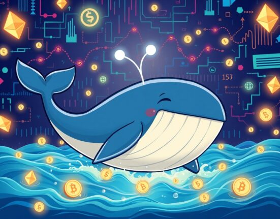 Cartoon illustration of an Ethereum whale making colossal ETH transfers, symbolizing significant crypto market activity and accumulation.