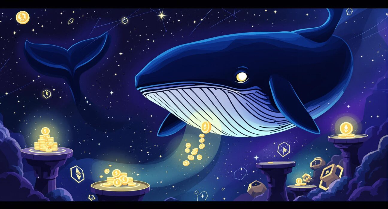 An illustration of a mysterious entity symbolizing an Ethereum whale accumulating large amounts of ETH, hinting at market movements.