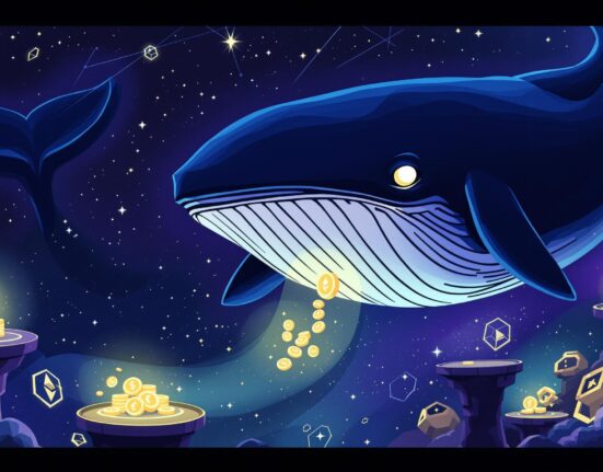 An illustration of a mysterious entity symbolizing an Ethereum whale accumulating large amounts of ETH, hinting at market movements.