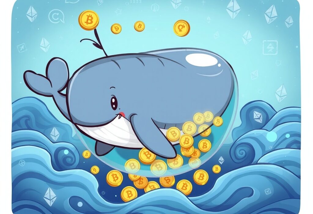 A cartoon Ethereum whale accumulating ETH coins, symbolizing a significant shift in crypto holdings and market sentiment.