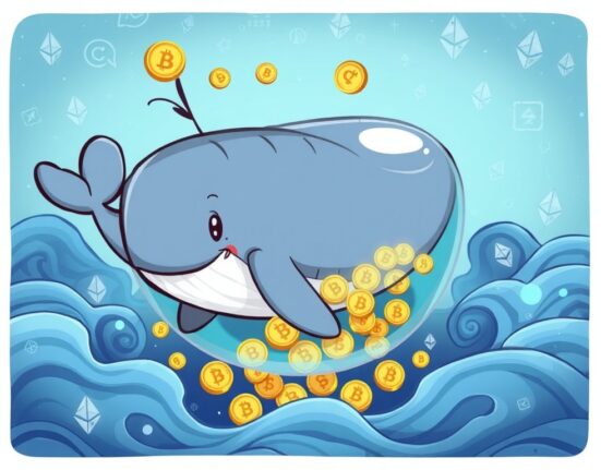 A cartoon Ethereum whale accumulating ETH coins, symbolizing a significant shift in crypto holdings and market sentiment.