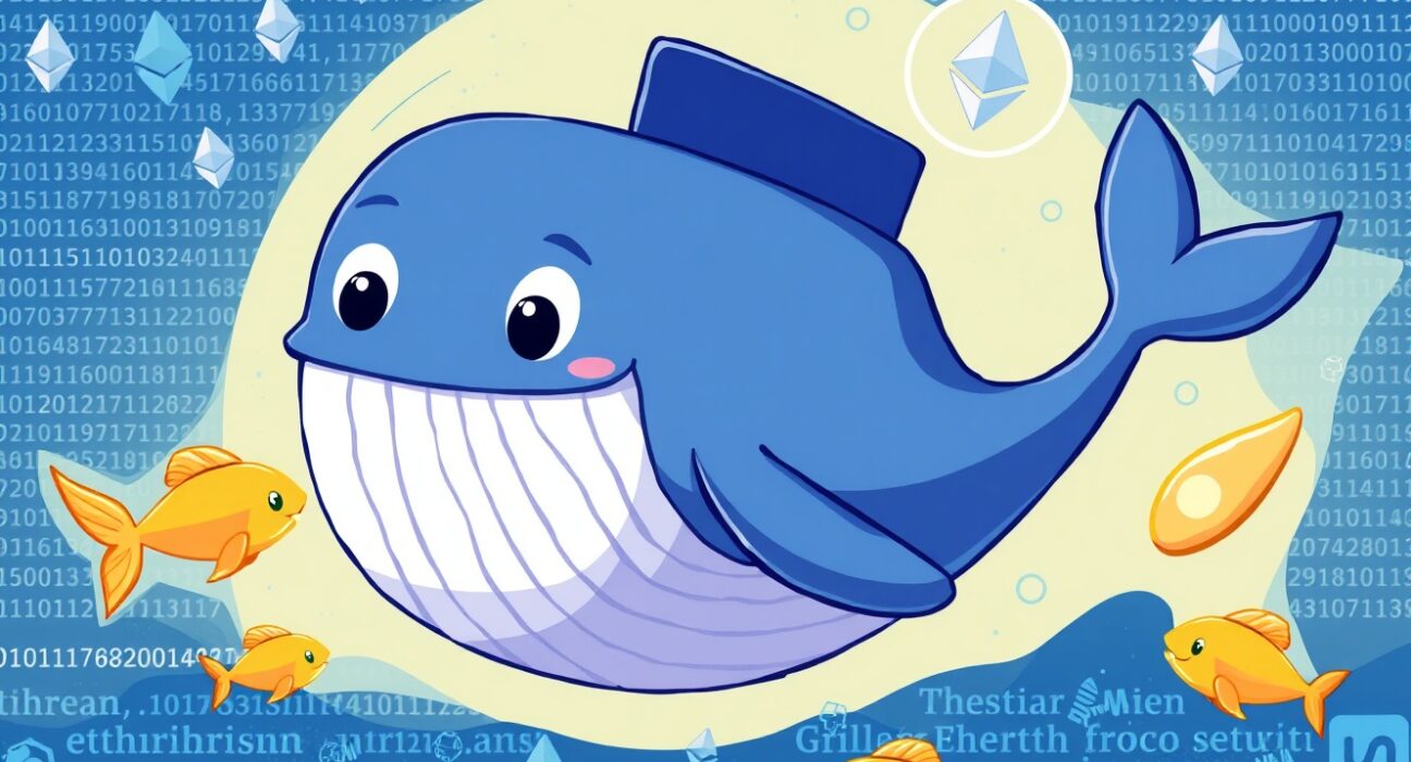 A cartoon whale leading smaller investors toward Ethereum spot buys in a digital ocean.