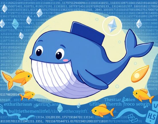 A cartoon whale leading smaller investors toward Ethereum spot buys in a digital ocean.