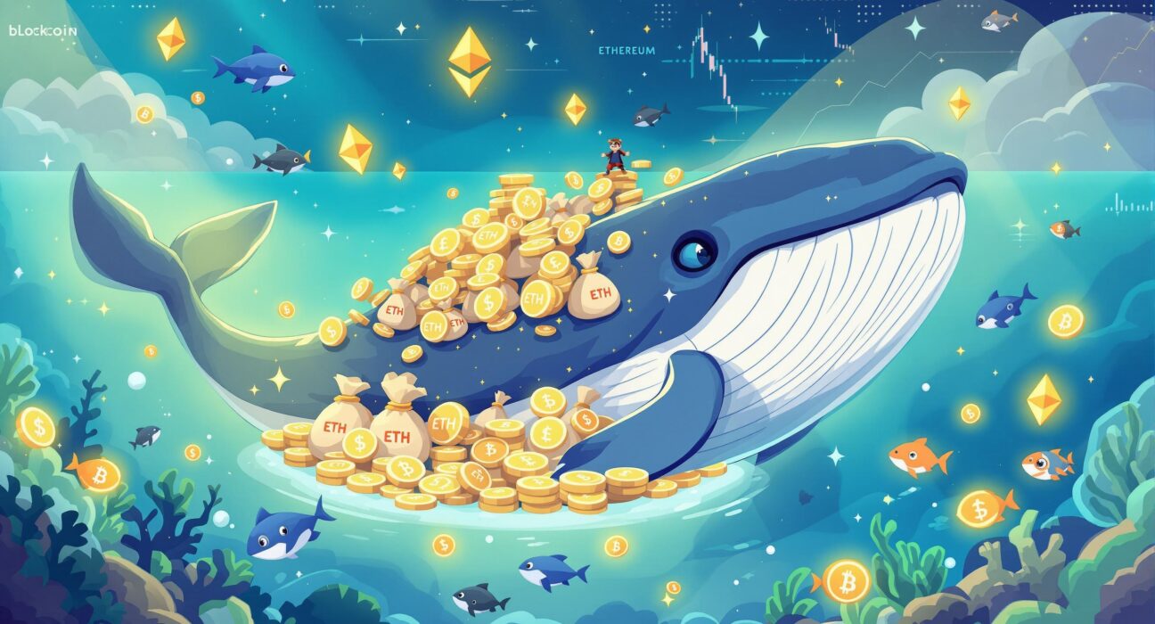 A cartoon illustration of a large Ethereum whale swimming through digital currency, symbolizing significant institutional investment and accumulation of ETH.