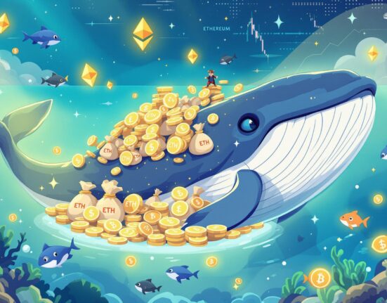 A cartoon illustration of a large Ethereum whale swimming through digital currency, symbolizing significant institutional investment and accumulation of ETH.