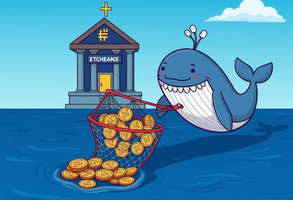 Cartoon whale moving Ethereum from an exchange, illustrating significant Ethereum whale activity and a strong intent to hold.