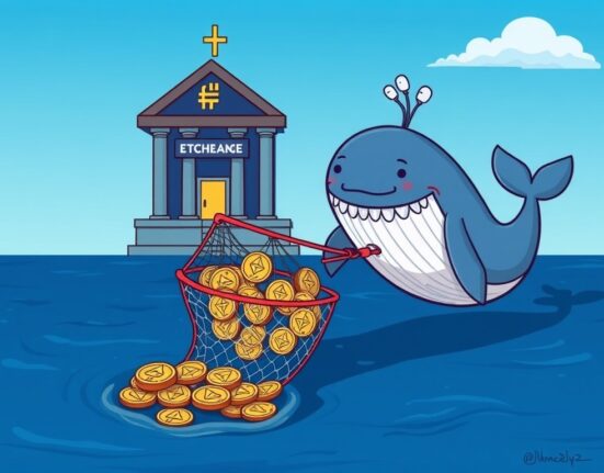 Cartoon whale moving Ethereum from an exchange, illustrating significant Ethereum whale activity and a strong intent to hold.
