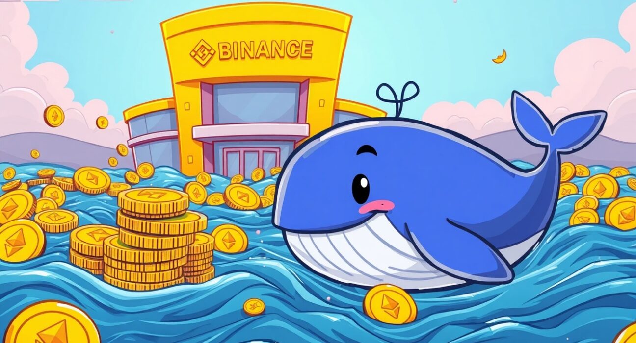 A vibrant cartoon Ethereum whale moving digital currency towards an exchange, symbolizing a major crypto transaction.