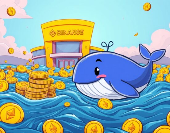 A vibrant cartoon Ethereum whale moving digital currency towards an exchange, symbolizing a major crypto transaction.