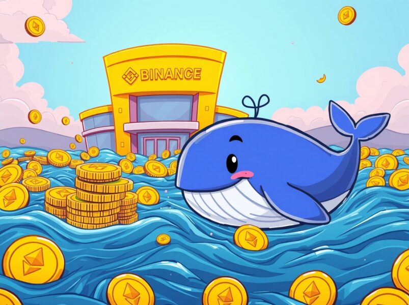 A vibrant cartoon Ethereum whale moving digital currency towards an exchange, symbolizing a major crypto transaction.