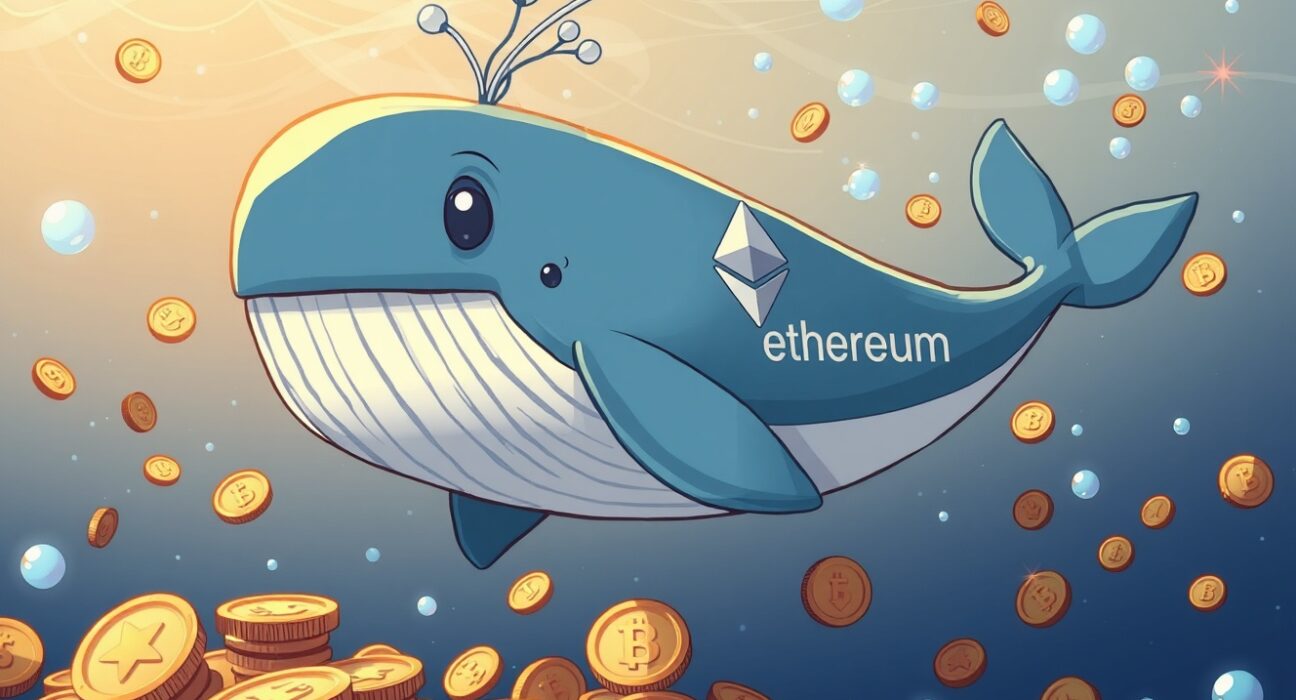 Ethereum whale accumulating massive cryptocurrency holdings in digital ocean environment