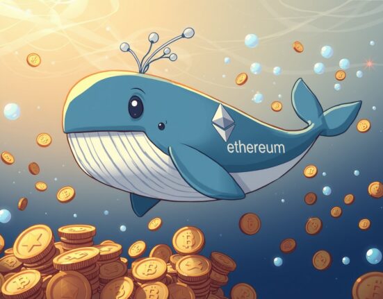 Ethereum whale accumulating massive cryptocurrency holdings in digital blockchain ocean