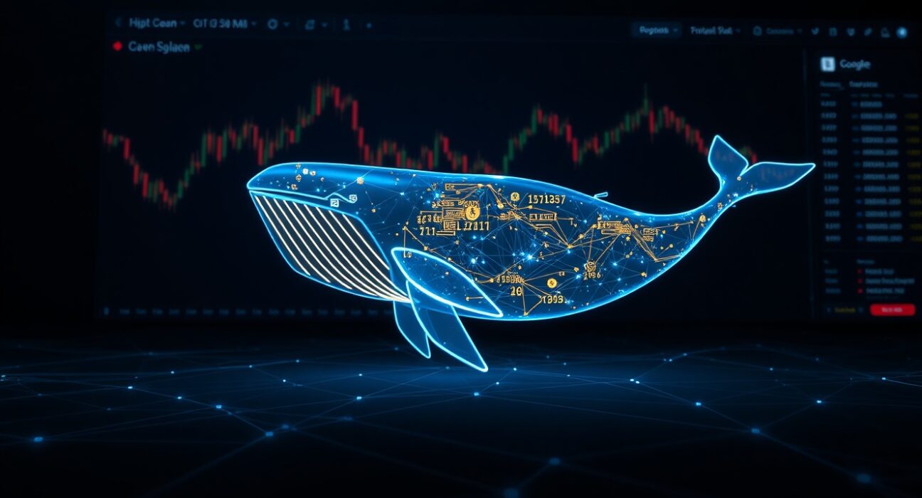Conceptual image of an anonymous Ethereum whale executing a multi-million dollar cryptocurrency transaction from an exchange.