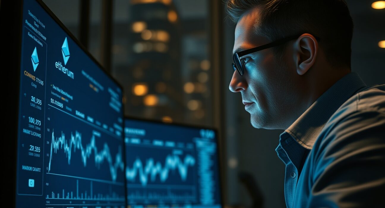Investor monitoring Ethereum price charts on a large screen in a dimly lit trading room.