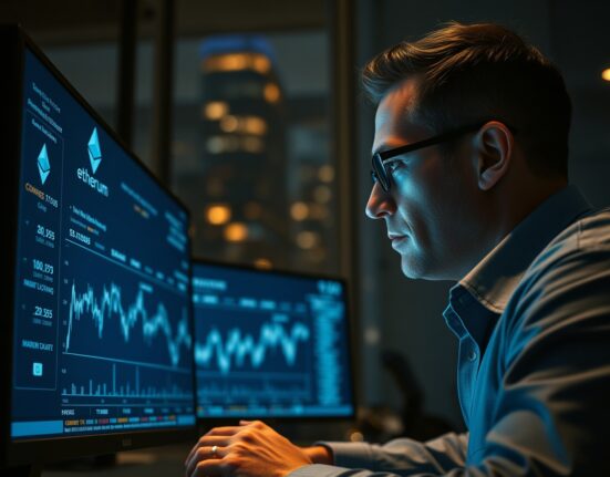 Investor monitoring Ethereum price charts on a large screen in a dimly lit trading room.