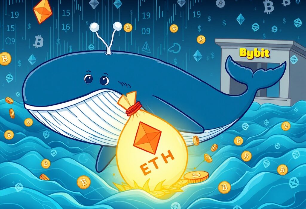 A cartoon Ethereum whale making a large ETH withdrawal from an exchange, symbolizing significant crypto market activity.