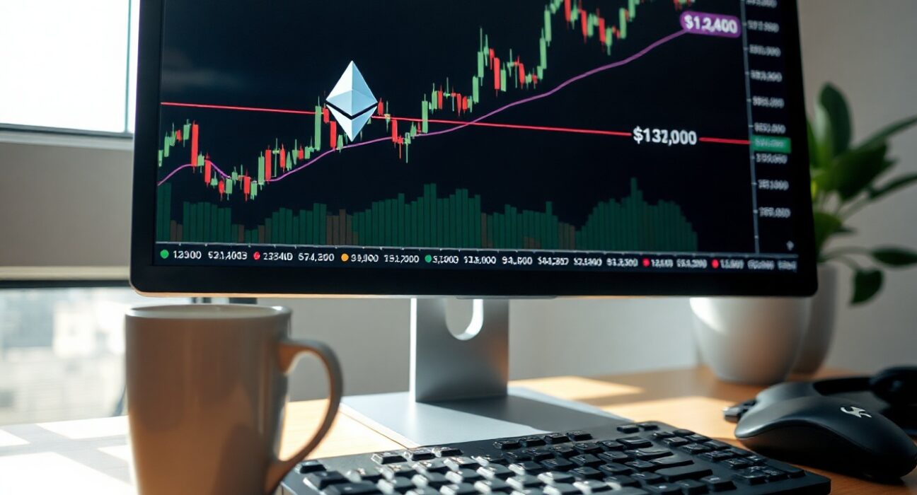 Ethereum price chart on a monitor with highlighted whale cost basis zone between $1,900 and $2,400