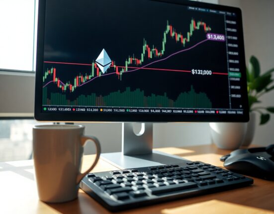 Ethereum price chart on a monitor with highlighted whale cost basis zone between $1,900 and $2,400