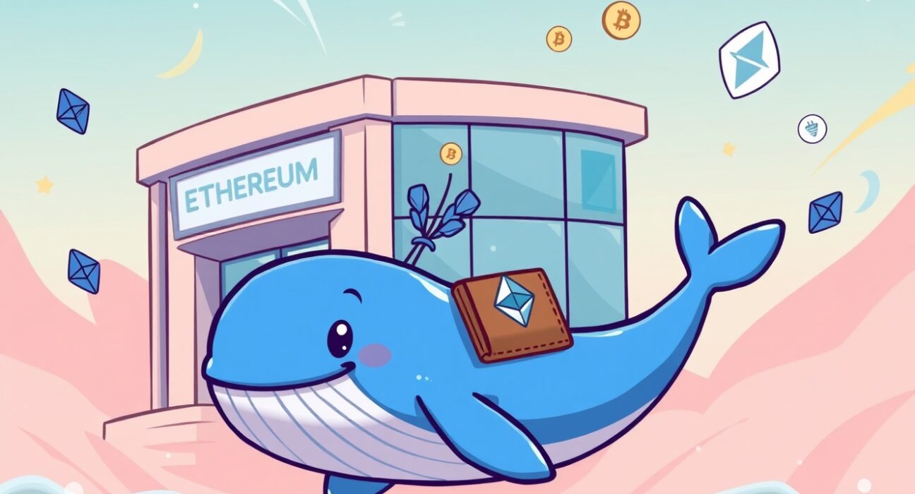 Cartoon illustration of an Ethereum whale depositing a large amount of ETH into a crypto exchange, symbolizing significant market movement and potential profit-taking.