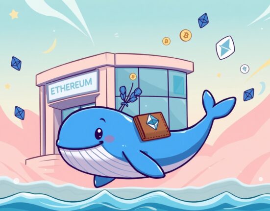 Cartoon illustration of an Ethereum whale depositing a large amount of ETH into a crypto exchange, symbolizing significant market movement and potential profit-taking.