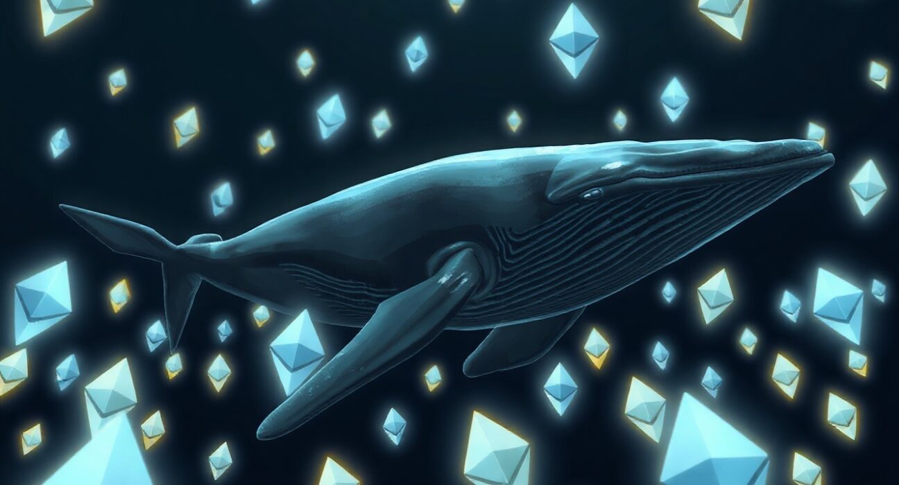 A digital whale swimming in a sea of Ethereum symbols, representing a large cryptocurrency transaction.