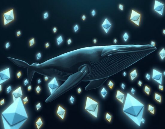 A digital whale swimming in a sea of Ethereum symbols, representing a large cryptocurrency transaction.