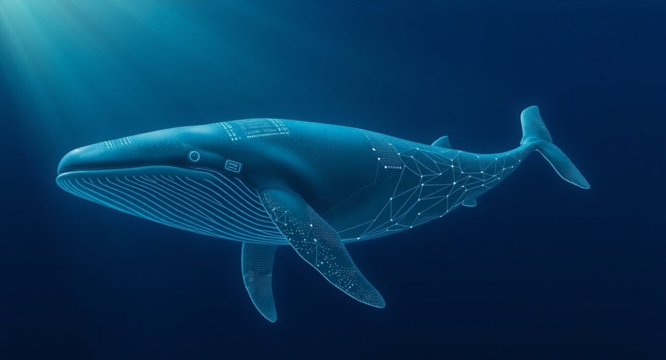 Digital whale swimming in ocean, representing a large cryptocurrency transaction.