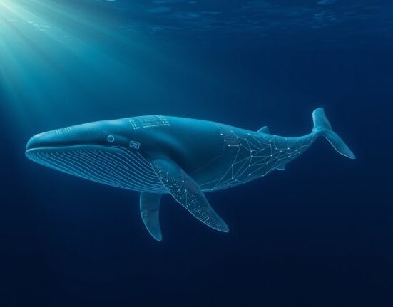 Digital whale swimming in ocean, representing a large cryptocurrency transaction.