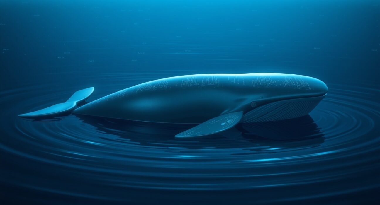 Ethereum whale awakening represented in a digital ocean, symbolizing a major dormant wallet becoming active on the blockchain.