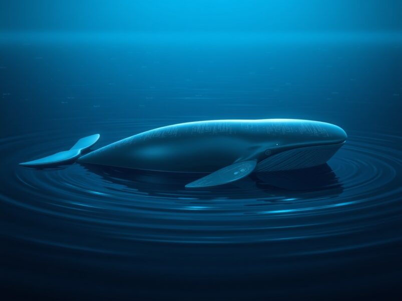 Ethereum whale awakening represented in a digital ocean, symbolizing a major dormant wallet becoming active on the blockchain.