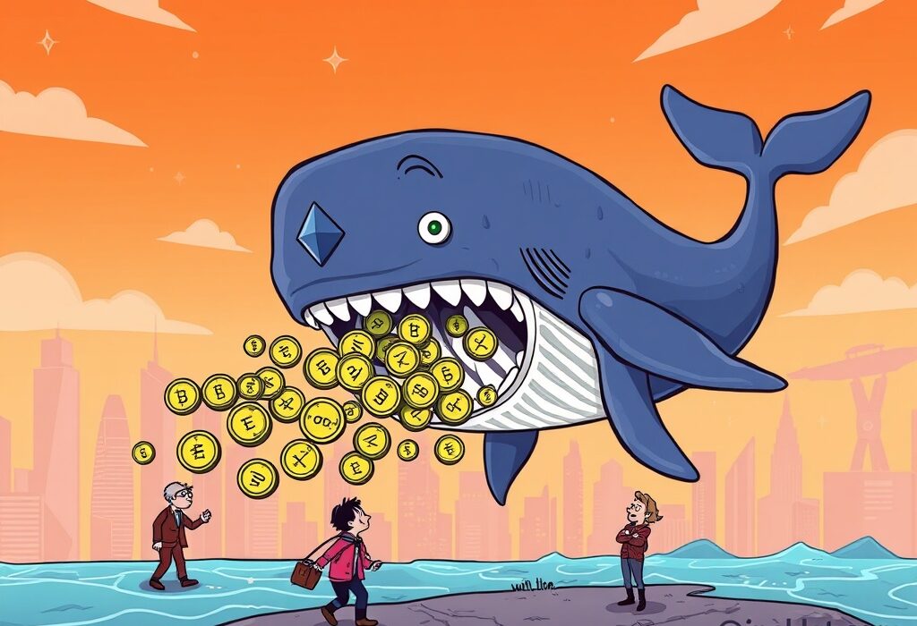A cartoon illustration of an Ethereum whale making a significant sale, impacting the broader crypto market sentiment.