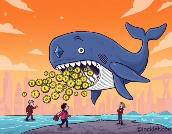 A cartoon illustration of an Ethereum whale making a significant sale, impacting the broader crypto market sentiment.