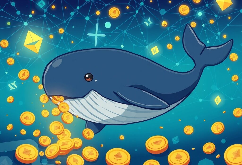 A cartoon Ethereum whale swimming through crypto assets, symbolizing a significant ETH acquisition and market influence.