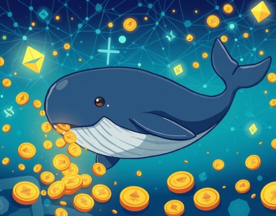 A cartoon Ethereum whale swimming through crypto assets, symbolizing a significant ETH acquisition and market influence.