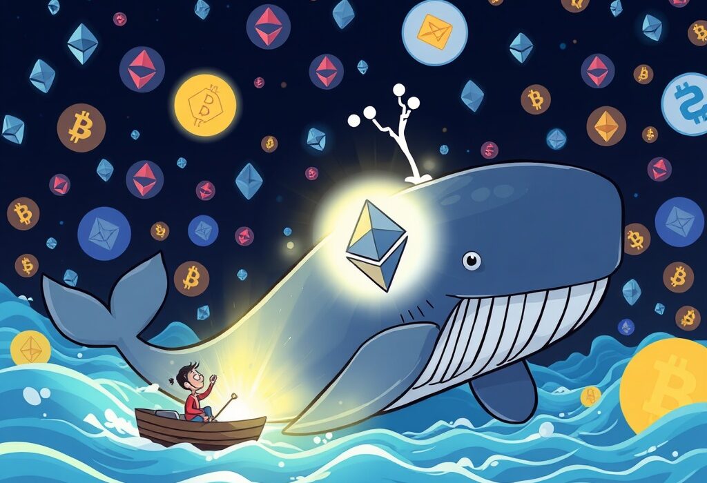 A vibrant cartoon illustration of an Ethereum whale accumulating vast ETH holdings, symbolizing significant market movement.