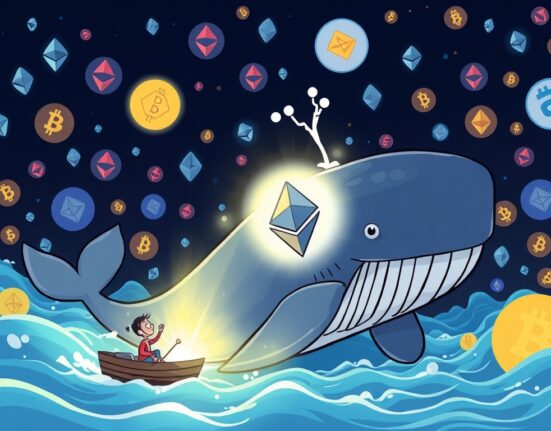 A vibrant cartoon illustration of an Ethereum whale accumulating vast ETH holdings, symbolizing significant market movement.