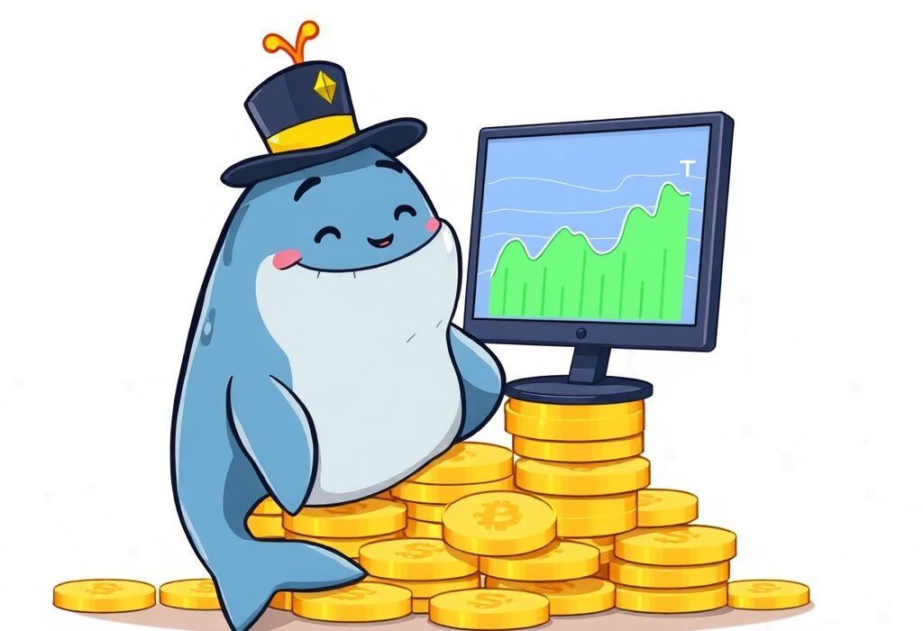 Cartoon illustration of an Ethereum whale celebrating a massive ETH sale after long-term crypto holding, symbolizing significant profit.