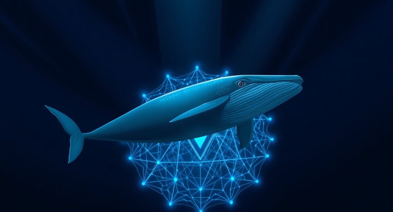 Ethereum whale swimming away from blockchain network in dark ocean