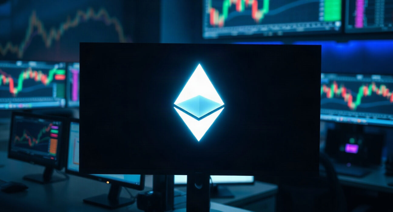 Ethereum symbol on trading screen with charts in background, illustrating whale activity