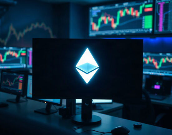 Ethereum symbol on trading screen with charts in background, illustrating whale activity