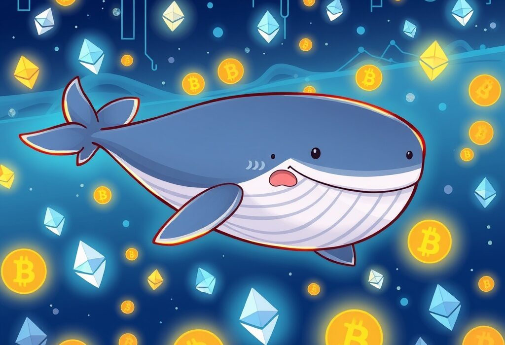 Cartoon whale holding vast Ethereum assets, symbolizing massive ETH holdings and significant crypto investment.