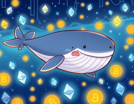 Cartoon whale holding vast Ethereum assets, symbolizing massive ETH holdings and significant crypto investment.
