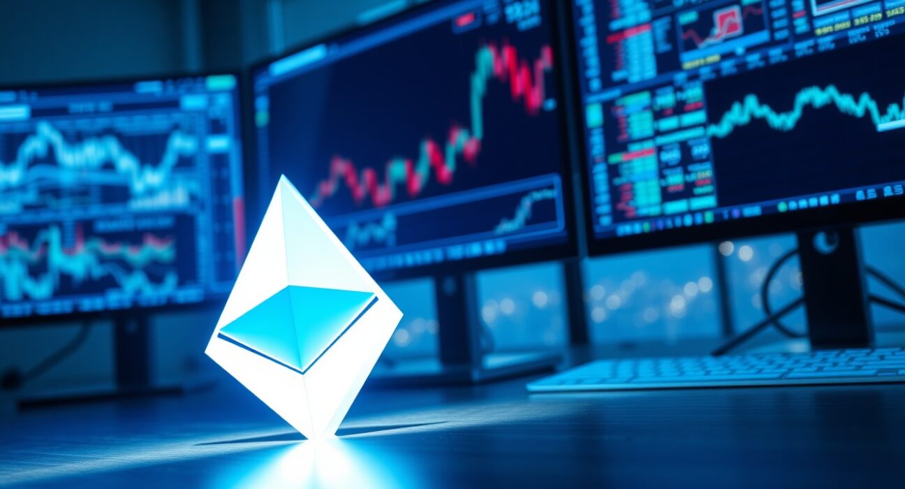 Ethereum symbol on a trading desk with financial monitors in the background