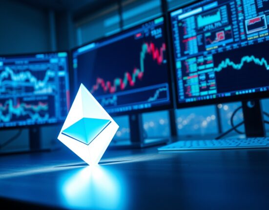 Ethereum symbol on a trading desk with financial monitors in the background