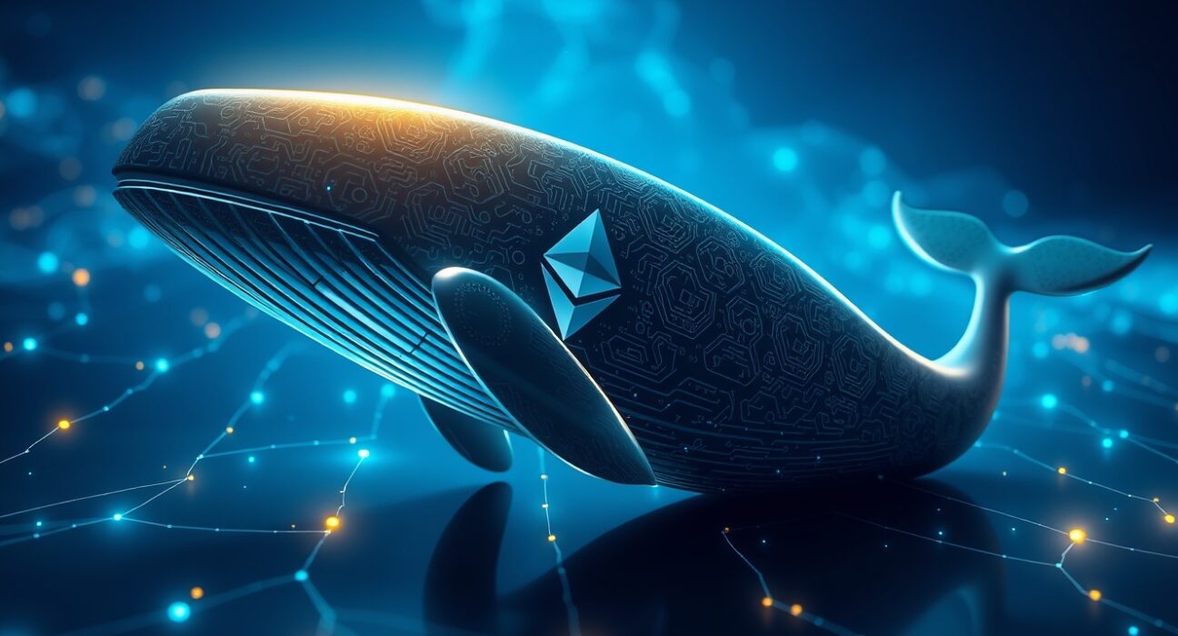 An Ethereum whale represented in a digital ocean, symbolizing a large cryptocurrency holder moving