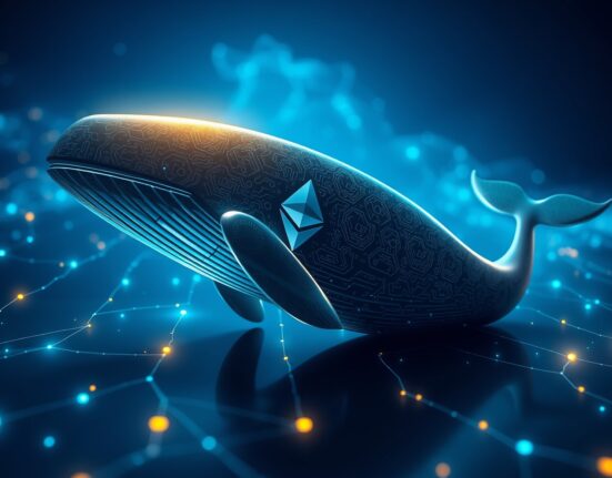 An Ethereum whale represented in a digital ocean, symbolizing a large cryptocurrency holder moving assets.